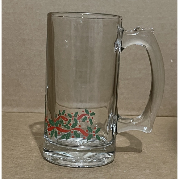 Vintage Libbey Holly Berry Glass Beer Mug Gold Trim Heavy Christmas Collectible - Picture 1 of 6